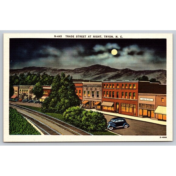 Postcard North Carolina Tryon Trade Street at Night Full Moon Old Car c1940s NC - Picture 1 of 2